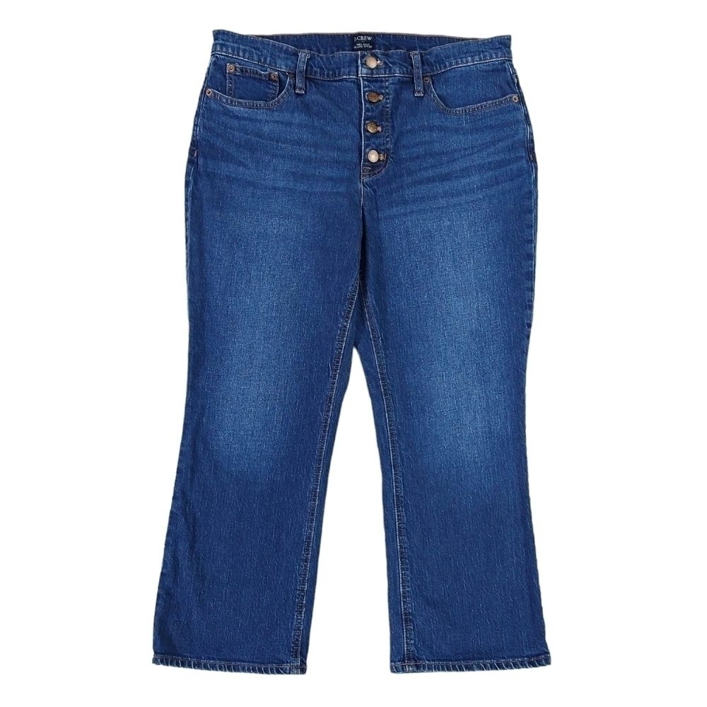 J. Crew Mid Rise Flare Crop Jean in All Day Stretch Button Fly Dark Wash BJ825